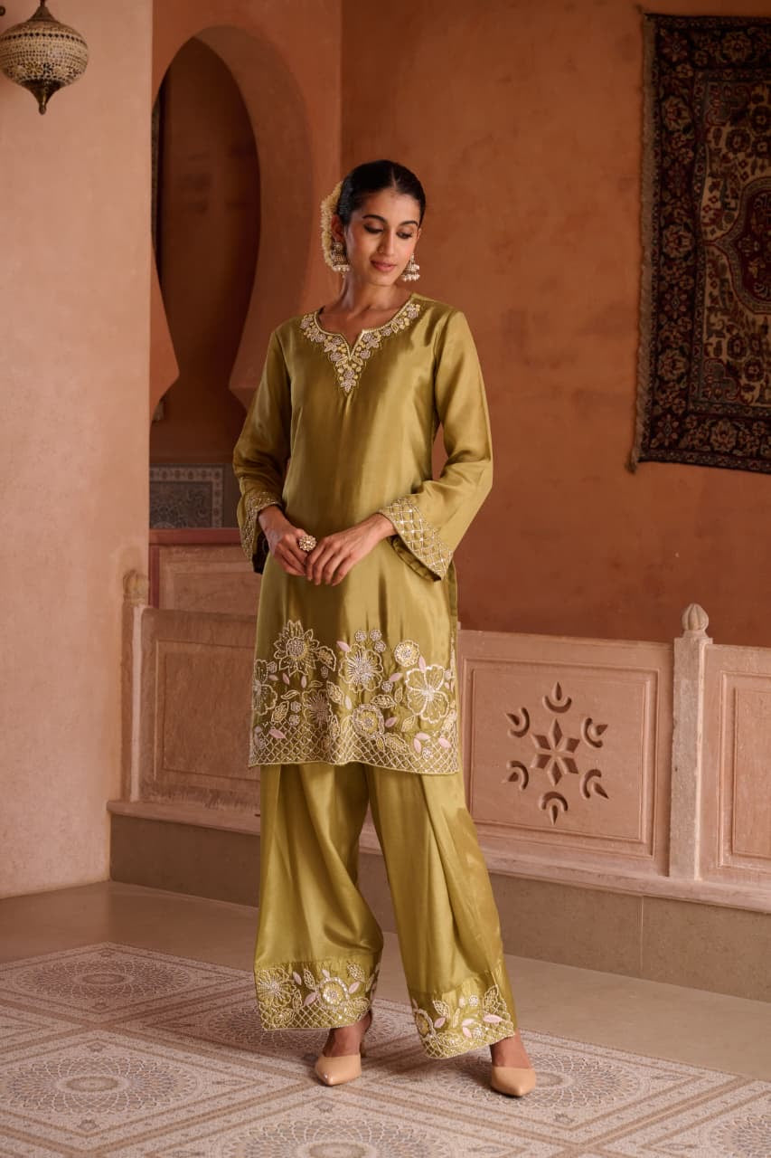 Embroidered HO Silk Glass Shimmer Kurta Farsi Pant Dupatta Set for Women