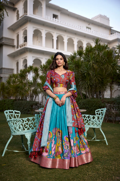 Printed Kalamkari Lehenga With Zari Weaving Border