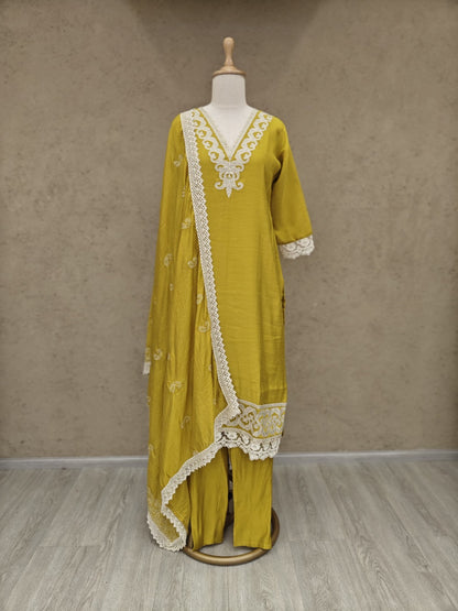 Mustard Roman Silk Kurta Set with Off-White Applique Work and Dupatta – 3-Piece Ethnic Set for Women