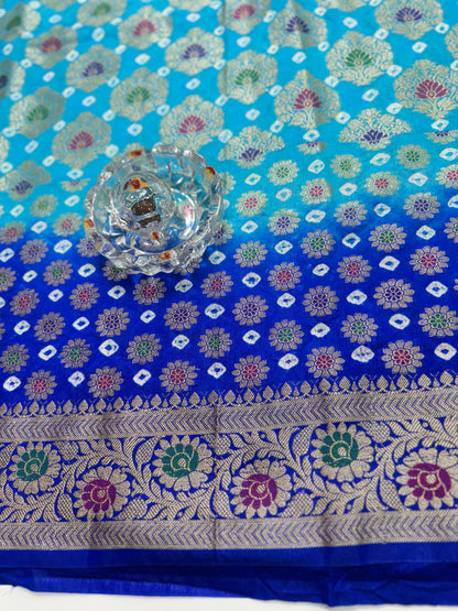 Banarasi dupiyan bandhani saree with semi-weaving neemjari work and hand chunri craftsmanship
