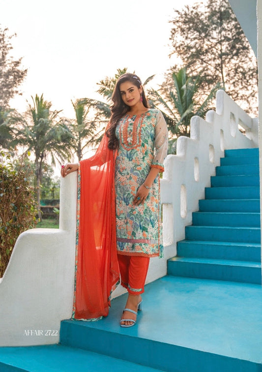 Viscose Satin Silk Kurti Pant Dupatta Set with Digital Print and Hand Embellishments for Women – XL to 3XL