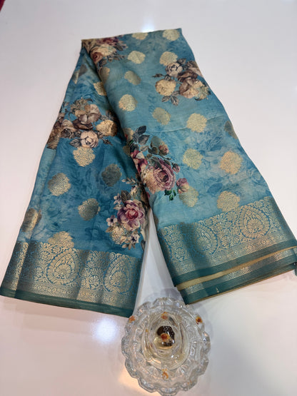 Bamboo Silk Floral Printed Saree with Rich Decorative Pallu, All Over Rich Butti Weaving