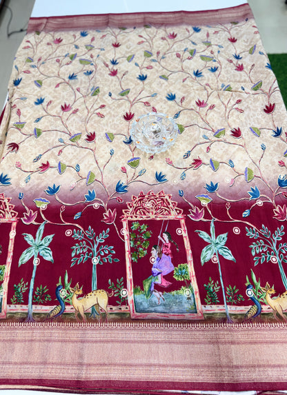 Pure Crepe Silk Saree with Digital Print and Zari Border – Elegant Festive and Wedding Saree for Women