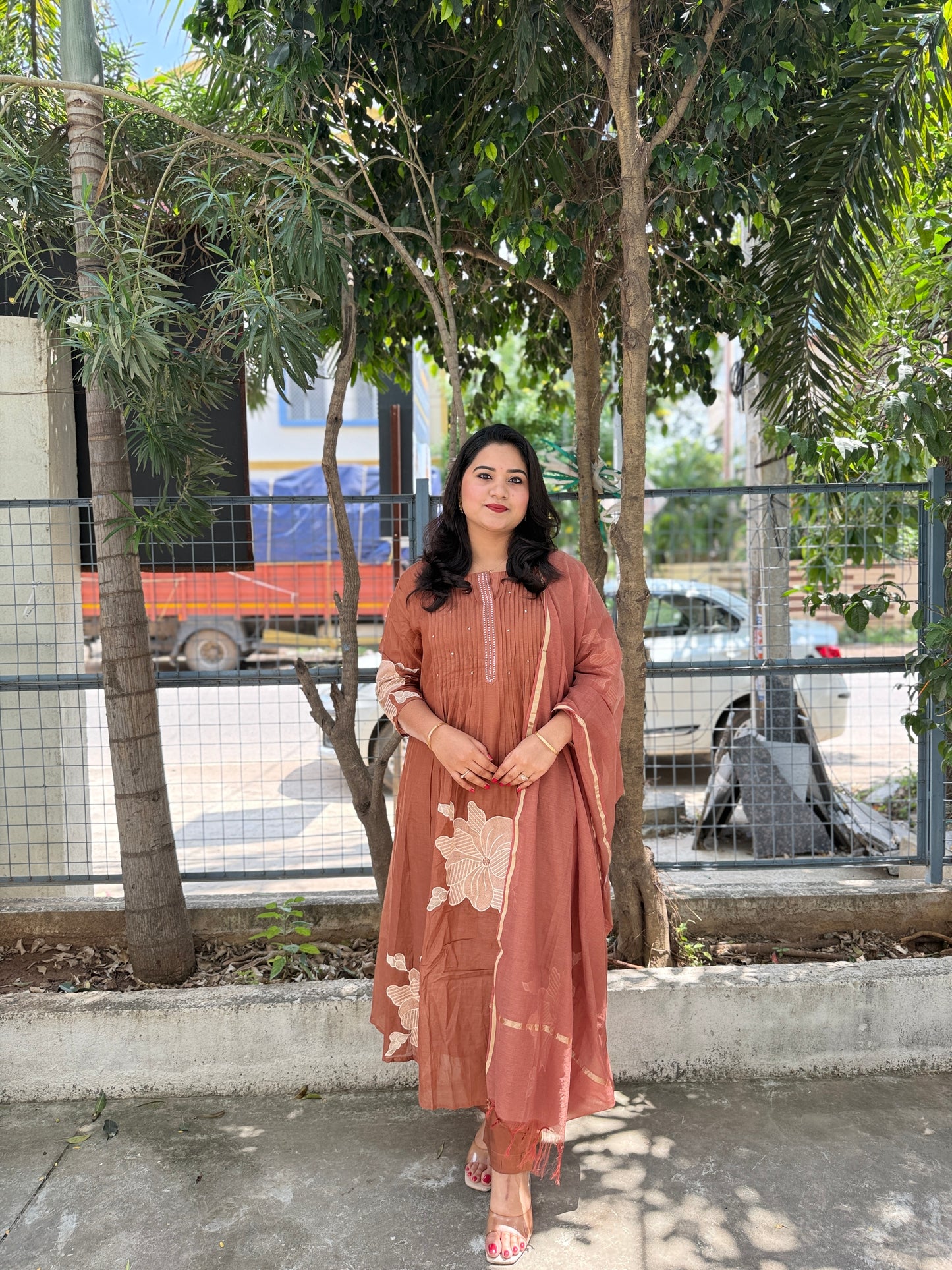 Mul Chanderi Kurta Set with Pintuck and Floral Embroidery, Shantoon Pant and Chanderi Dupatta