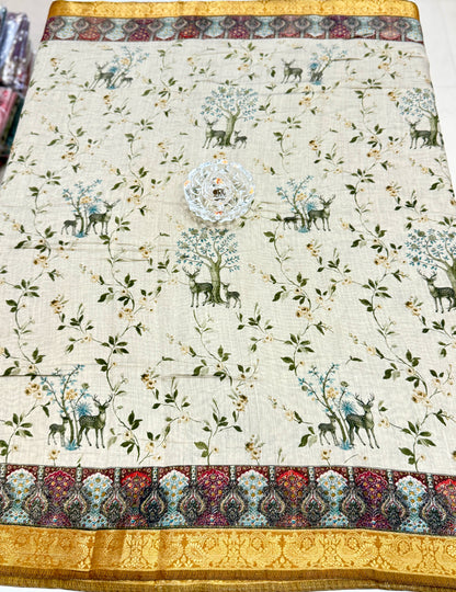 Chennuri silk style printed saree with traditional artwork border and unstitched blouse fabric for women