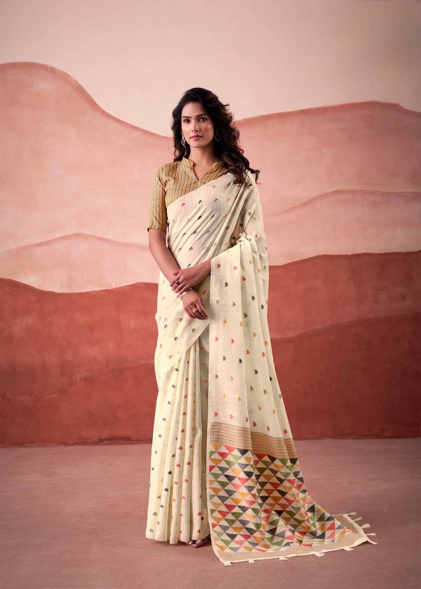 linen silk printed saree with geometric pallu and multicolor motifs – ethnic wear for women