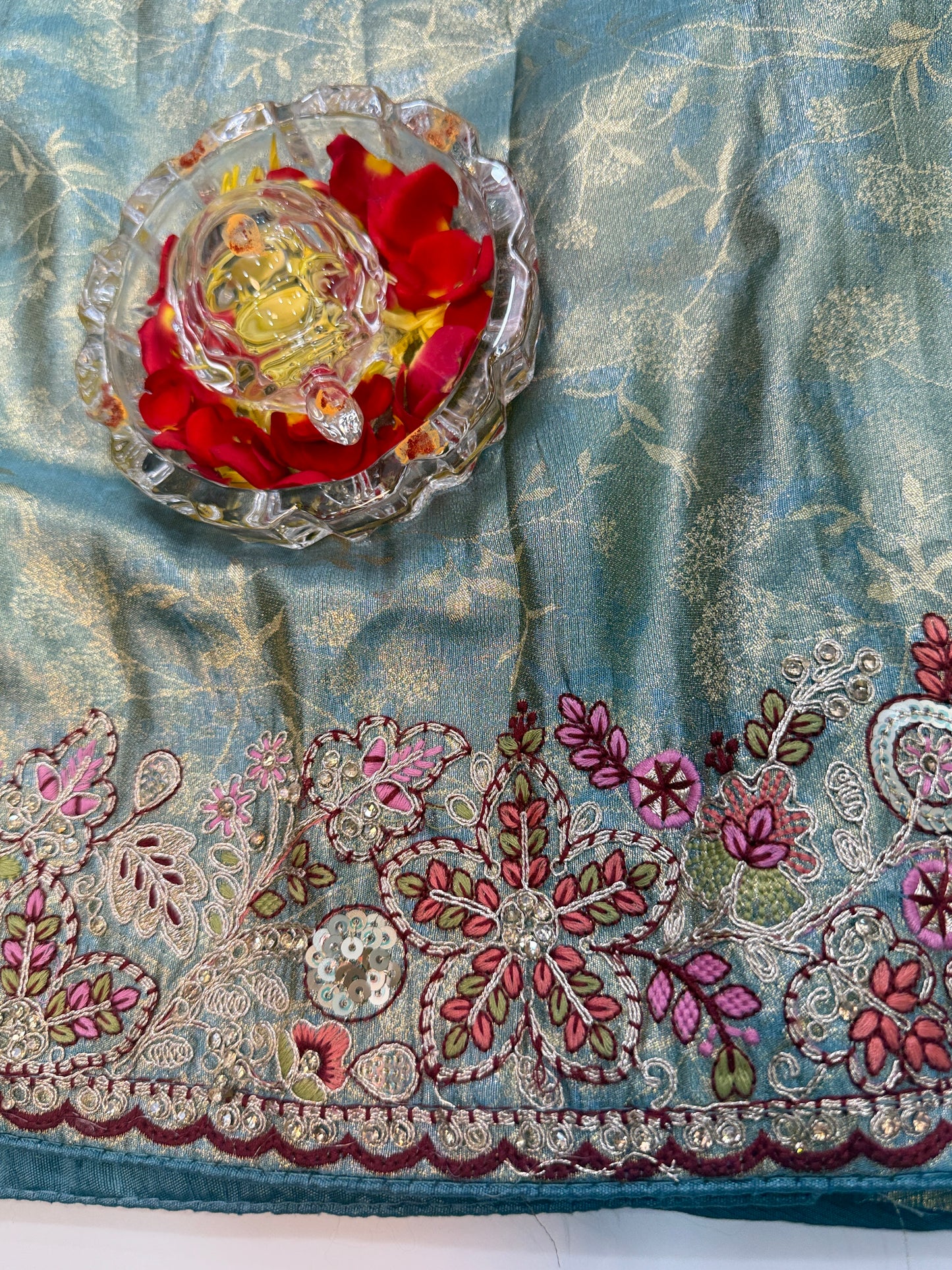 Tissue Silk Saree with Embroidery, Sequin, and Mirror Work Border – Festive Saree for Women