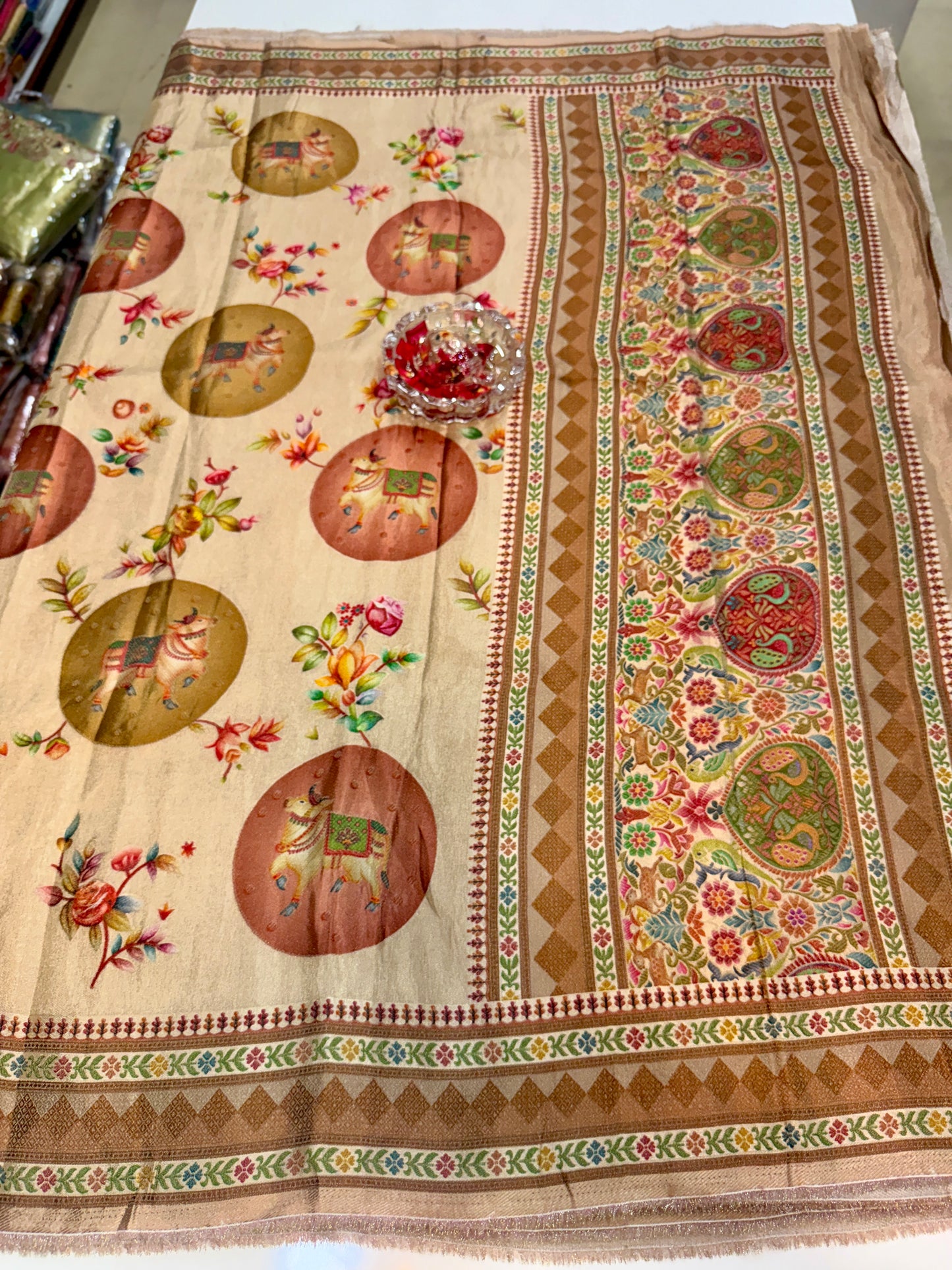 Pure Ziraf Silk Printed Saree with Elephant and Floral Motifs – Lightweight Soft Silk Saree for Women