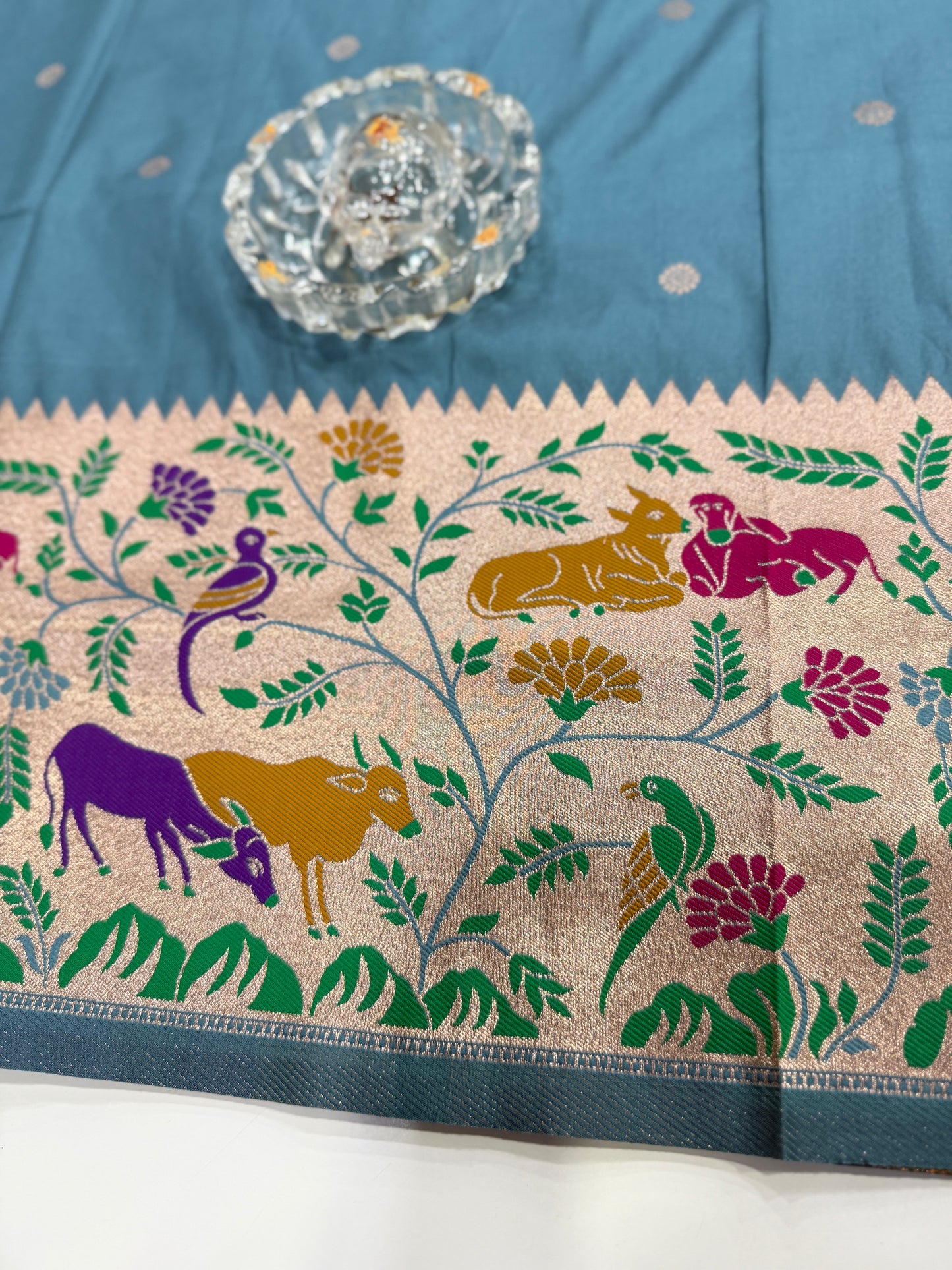 Paithani printed soft silk saree with zari-style border and contrast blouse for women