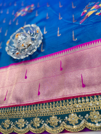 Paithani Lace Border Soft Silk Saree with Contrast Blouse for Women