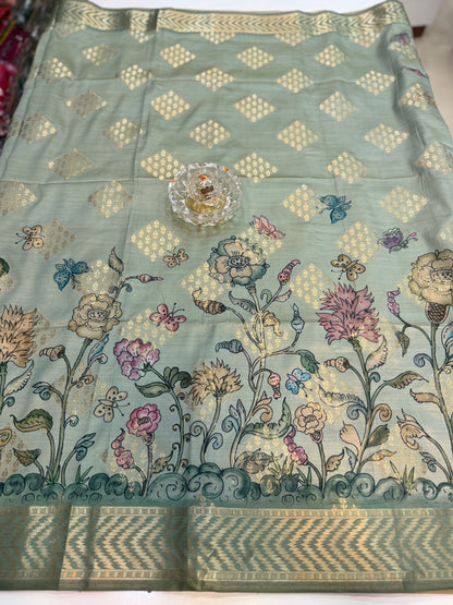 Bamboo Silk Floral Printed Saree with Rich Decorative Pallu, Rich Floral Kalamkari Style Prints
