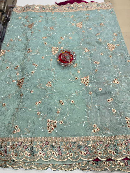 Sea Green Pure Banarasi Silk Saree with Lucknowi & Jarkan Heavy Work – Festive Banarasi Designer Saree for Women