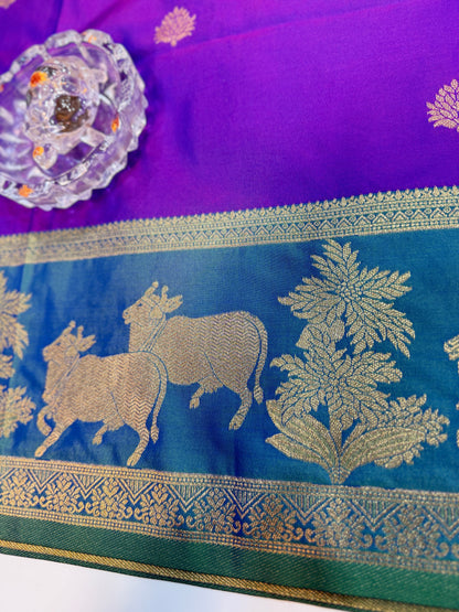 Handloom styled Silk Pichwai Saree with Woven Border and Contrast Blouse