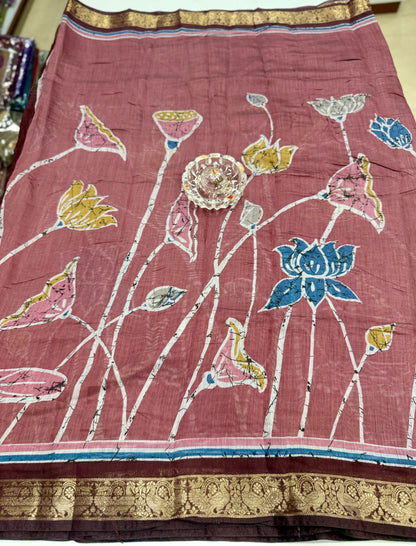 Chennuri silk style printed saree with traditional artwork border and unstitched blouse fabric for women