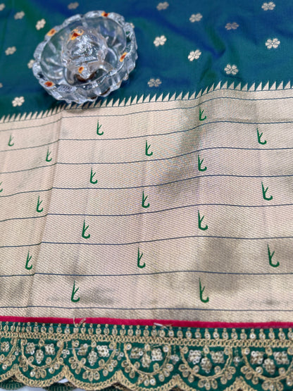 Paithani Lace Border Saree with Parrot Motifs and Contrast Blouse