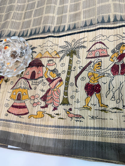 Spider Silk Saree with Folk Art Print Border and Tassel Pallu