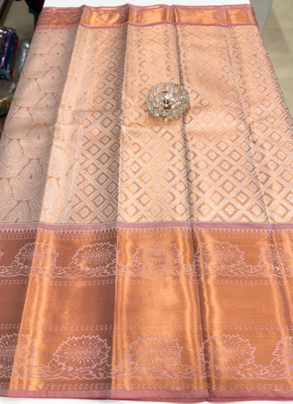 Bridal tissue saree for women with woven zari work and contrast border, kanchipuram style powerloom saree with blouse fabric