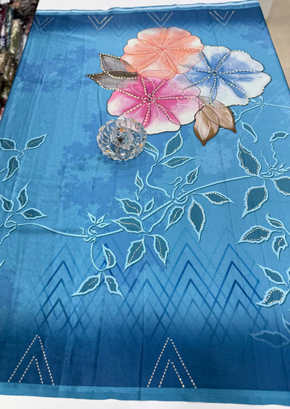 Japan satin saree for women with position print pallu and blouse, soft satin printed saree for festive and casual wear