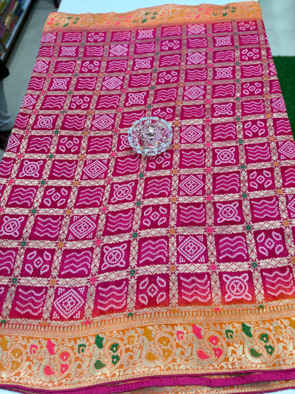 Pure Khaddi Georgette Banarasi Ghatchola Saree with Zari Weaving and Blouse Piece