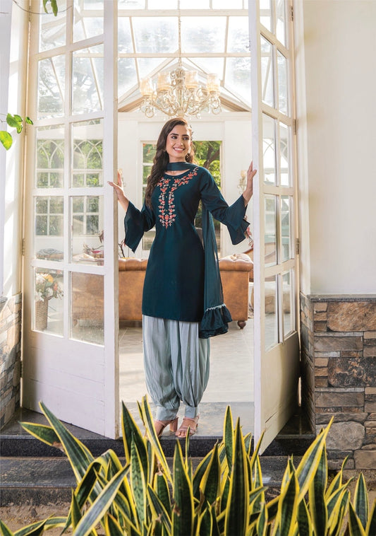 Bamber Silk Kurti Afghani Pant Dupatta Set with Embroidery and Chinon Chiffon Dupatta – Sizes L to 3XL