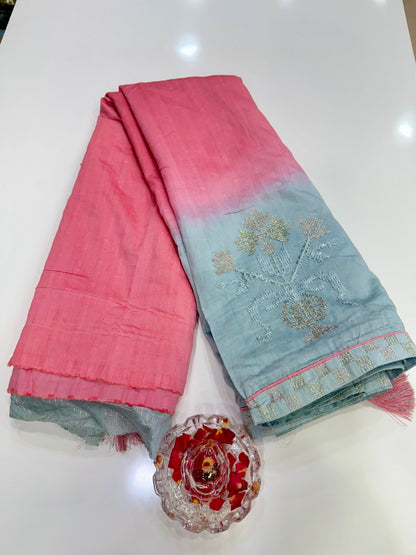 Omber shaded Silk Saree with Embroidery Lace Work, Patchwork and Art Silk Blouse