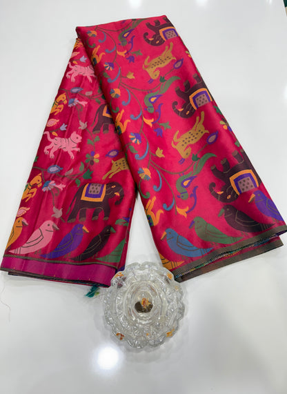 Soft silk printed saree with multicolour ethnic motifs and contrast blouse piece