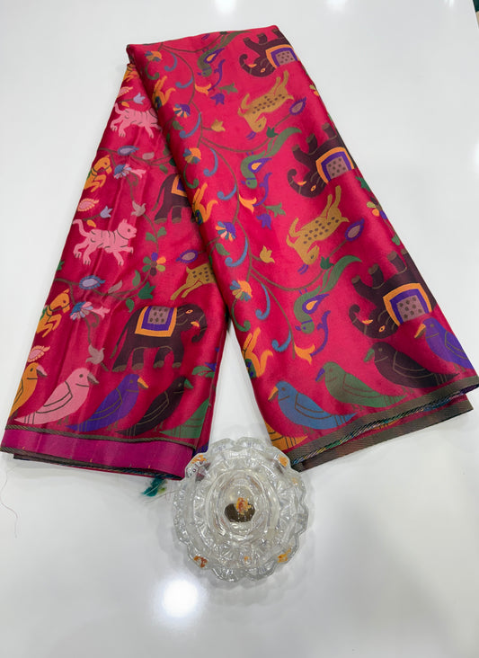 Soft silk printed saree with multicolour ethnic motifs and contrast blouse piece