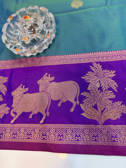 Handloom styled Silk Pichwai Saree with Woven Border and Contrast Blouse
