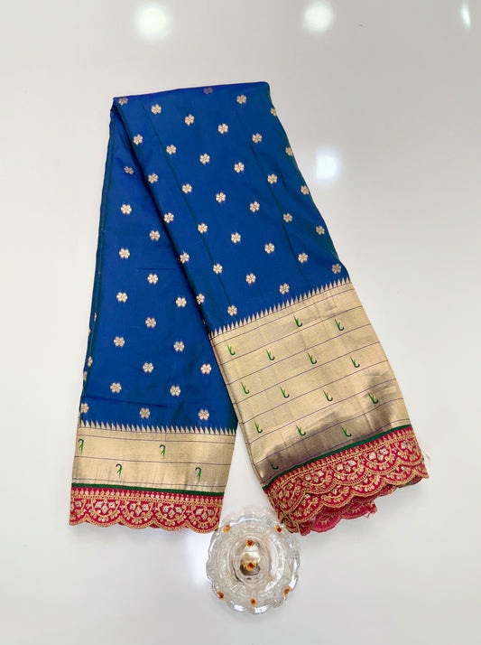 Paithani Lace Border Saree with Parrot Motifs and Contrast Blouse
