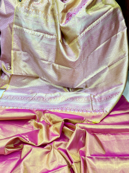 Borderless Pure Silk Handloom Saree in Ivory Gold with Zari Weaving – Festive Collection