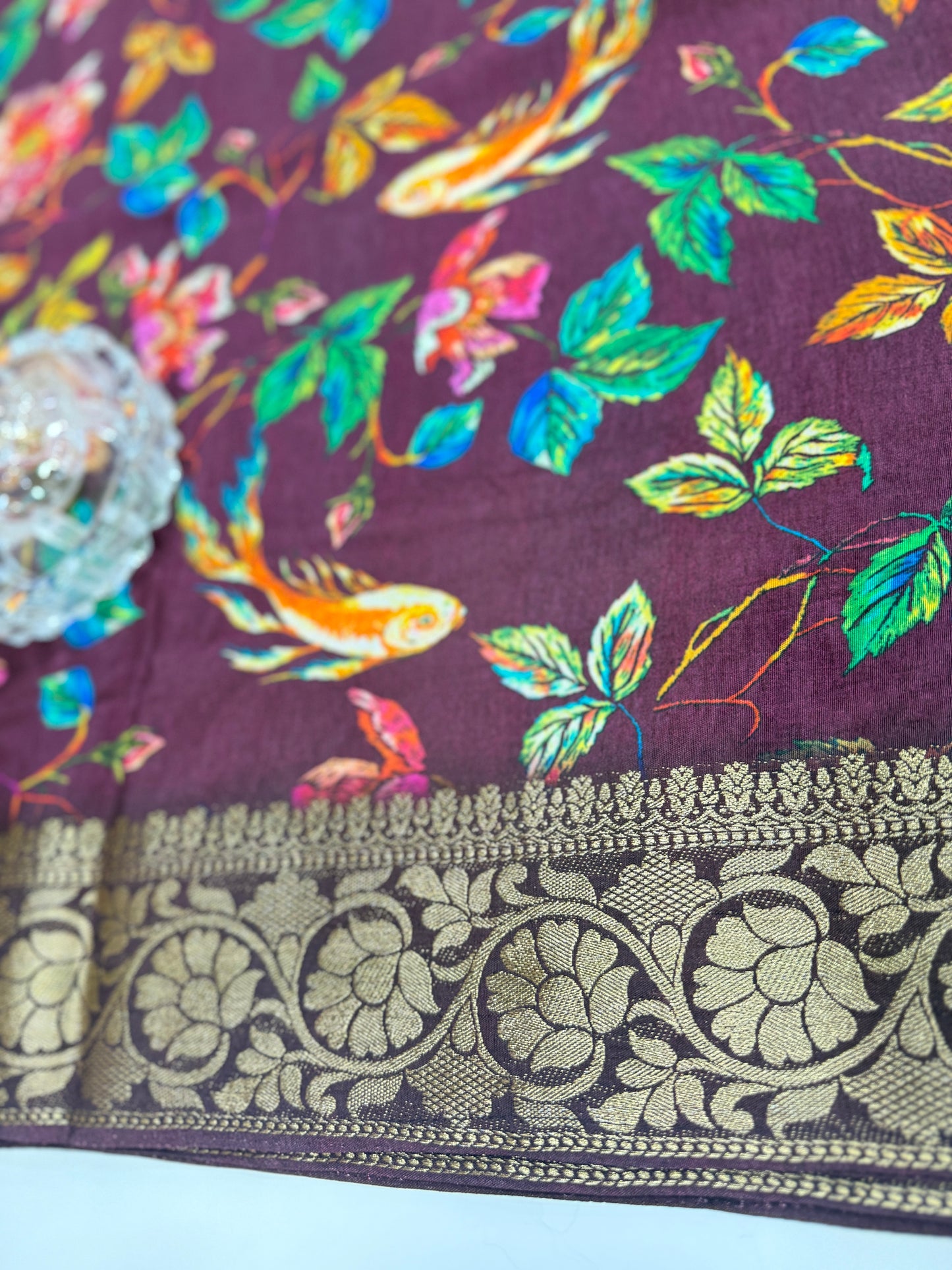 Pure Viscose Crepe silk saree with digital floral print and woven zari border for women