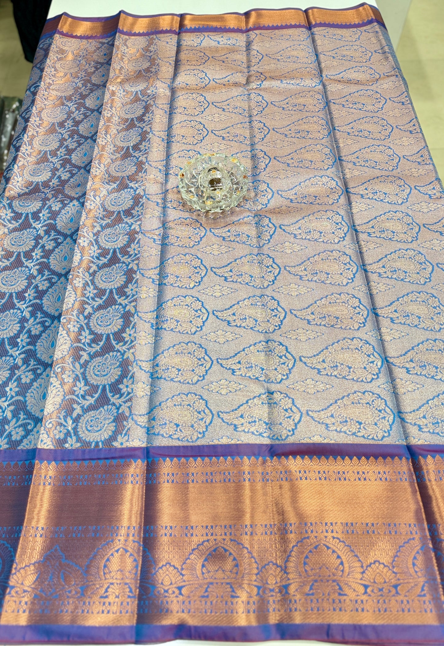 Bridal tissue saree for women with woven zari work and contrast border, kanchipuram style powerloom saree with blouse fabric