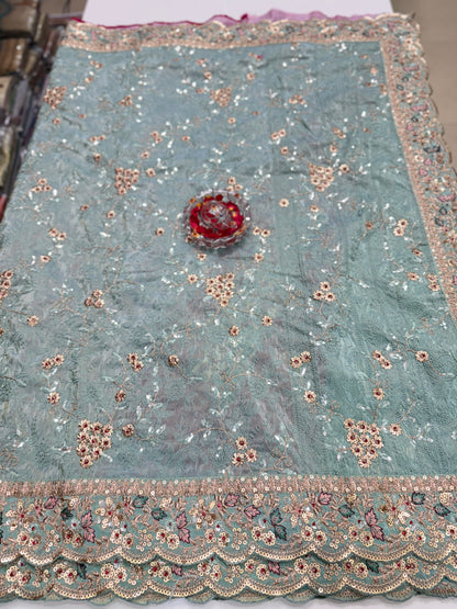 Sea Green Pure Banarasi Silk Saree with Lucknowi & Jarkan Heavy Work – Festive Banarasi Designer Saree for Women