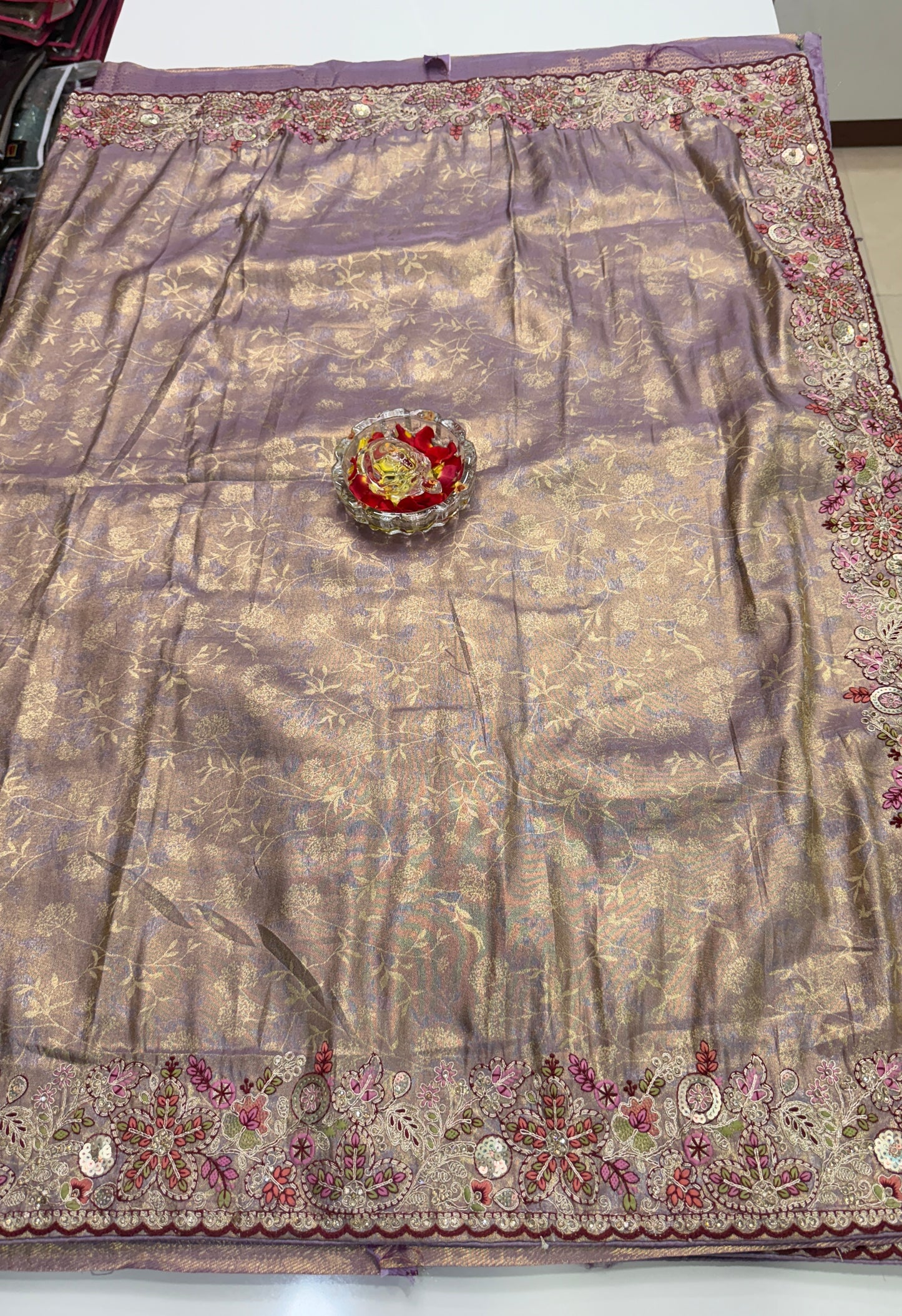 Tissue Silk Saree with Embroidery, Sequin, and Mirror Work Border – Festive Saree for Women