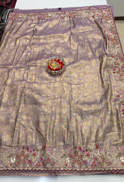 Tissue Silk Saree with Embroidery, Sequin, and Mirror Work Border – Festive Saree for Women