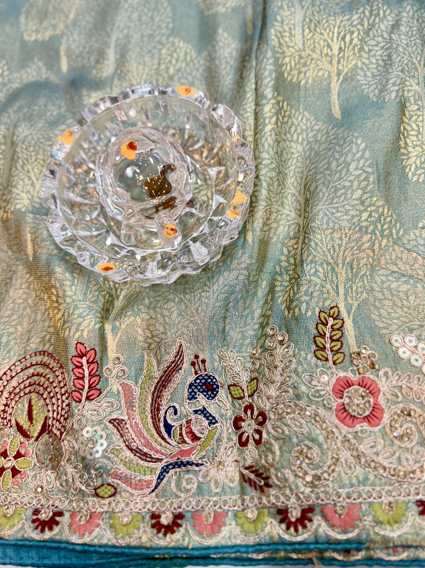 Tissue Silk Saree with Embroidery, Sequin, and Mirror Work Border – Festive Saree for Women