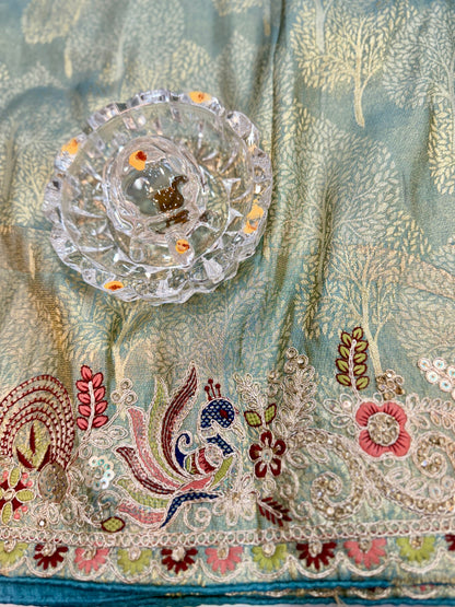 Tissue Silk Saree with Embroidery, Sequin, and Mirror Work Border – Festive Saree for Women