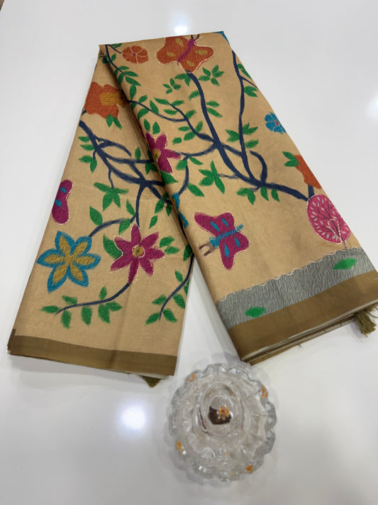 Assam silk saree for women with aari embroidery and paithani motifs, festive wear saree with blouse