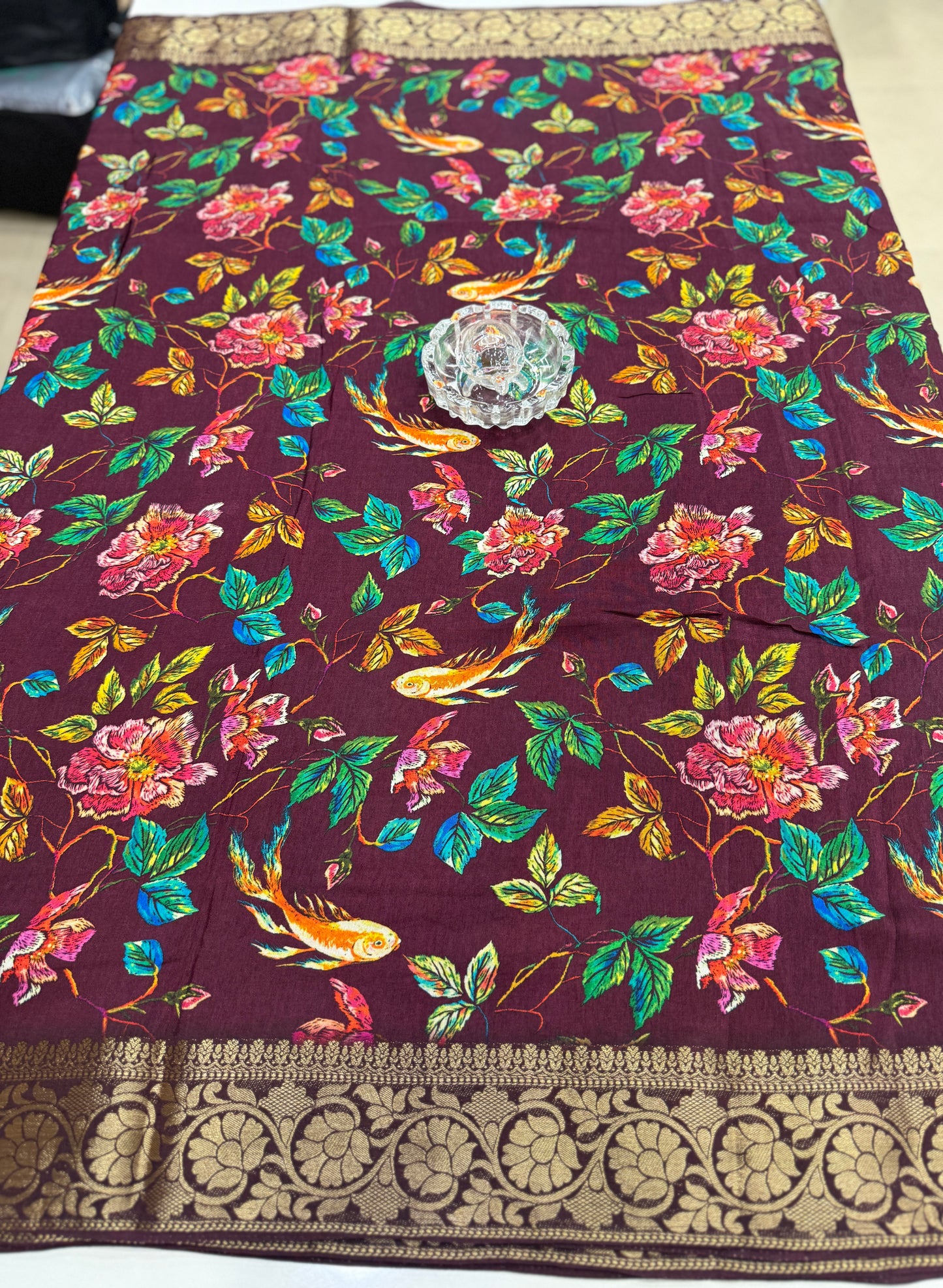 Pure Viscose Crepe silk saree with digital floral print and woven zari border for women