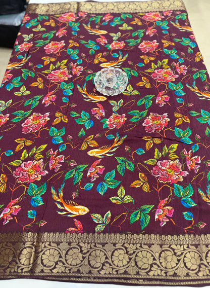 Pure Viscose Crepe silk saree with digital floral print and woven zari border for women
