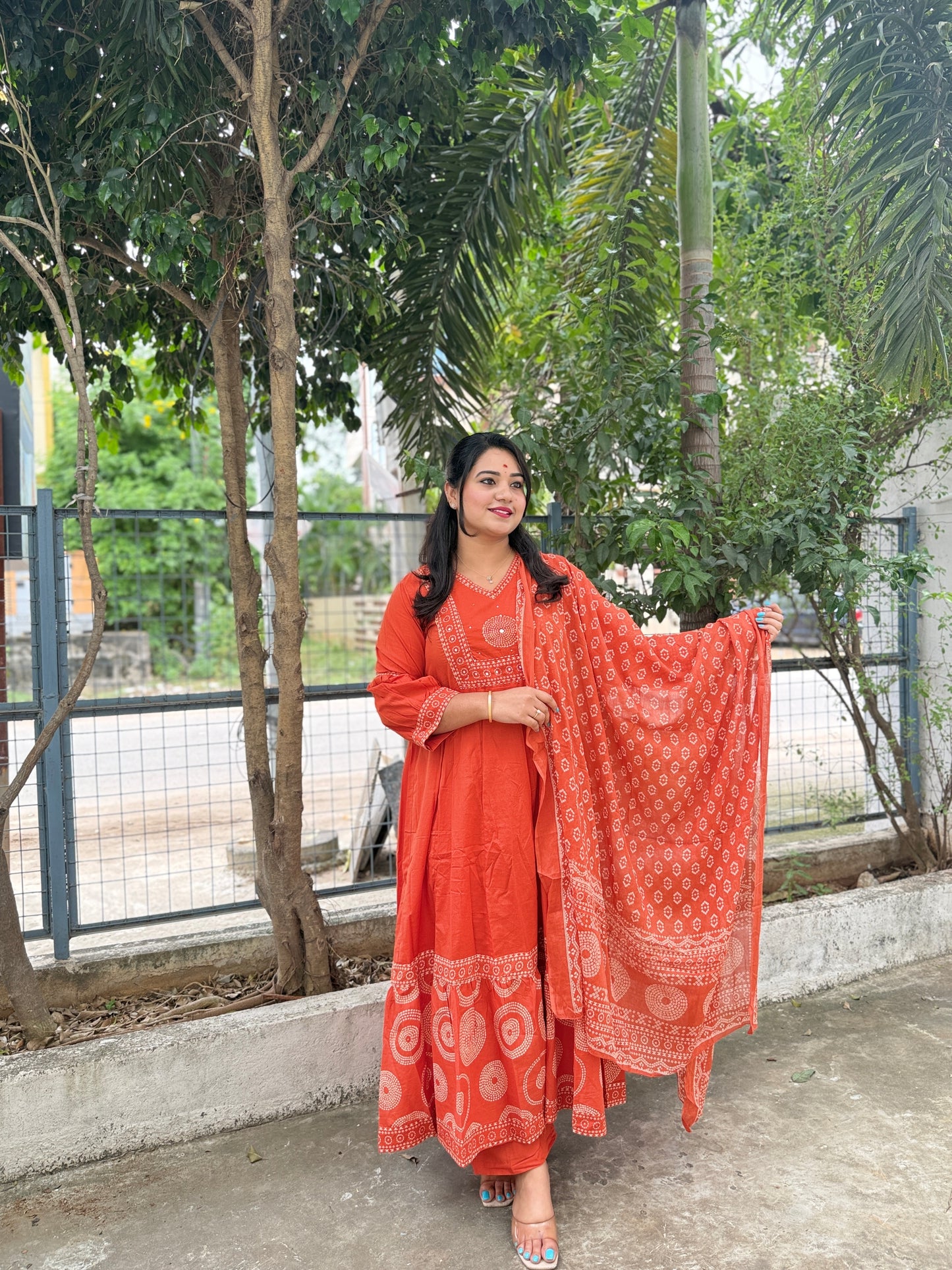 elegant rust cotton kurta set with mirror & sequin hand detailing