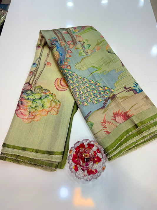 Pure Ziraf Silk Peacock Print Saree with Colorful Nature Motifs and Geometric Border – Soft Silk Printed Saree for Women
