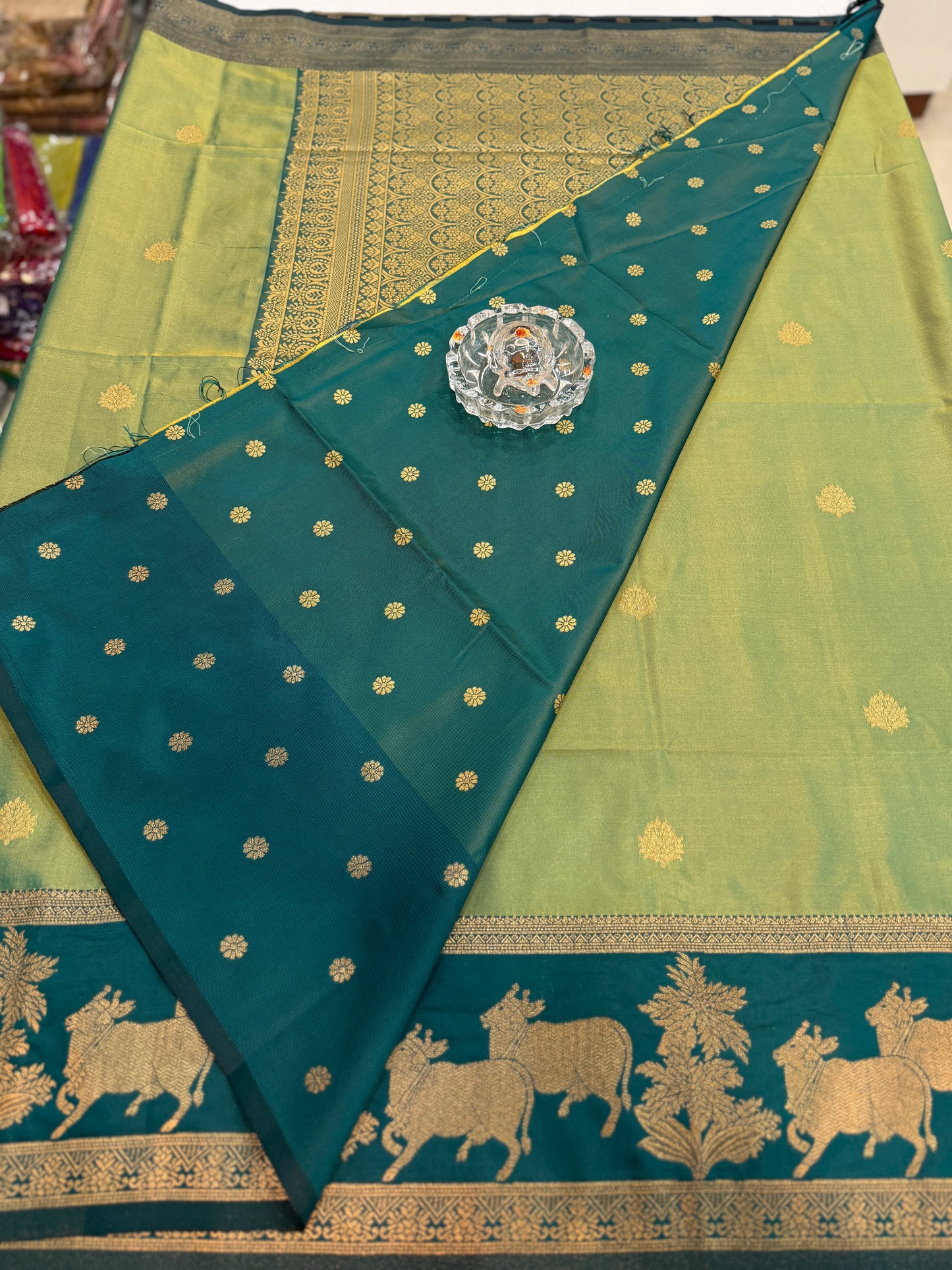 Handloom styled Silk Pichwai Saree with Woven Border and Contrast Blouse