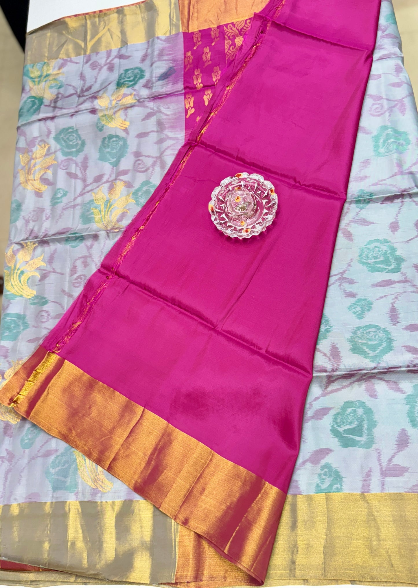 Pochampalli Printed Silk Saree with Satin Border and Blouse – Powerloom Weave for Women
