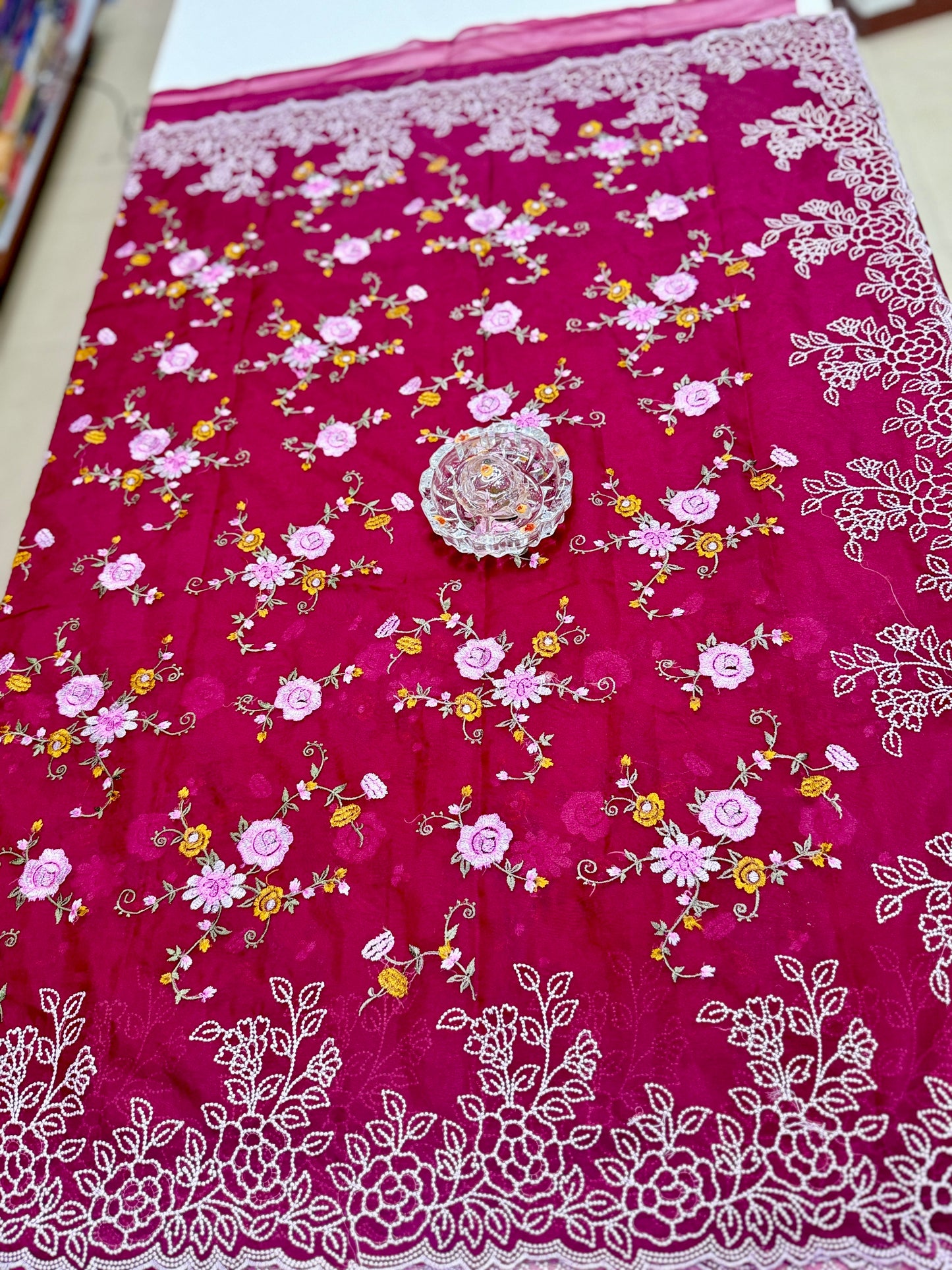 Kora Banarasi Saree with Floral Embroidery and Woven Border – Lightweight Festive Wear