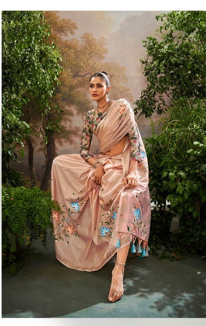 Soft Linen Tissue Saree with Hand Brush Print and Kalamkari Blouse – Festive and Wedding Wear