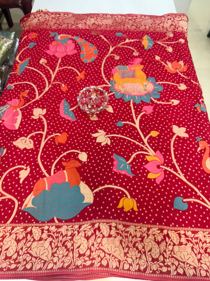 Pure Kaddi Georgette Zari Weaving Saree in Crimson Red with Traditional Floral Jaal and Rich Border – Festive & Wedding Wear Saree for Women