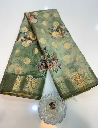 Bamboo Silk Floral Printed Saree with Rich Decorative Pallu, All Over Rich Butti Weaving