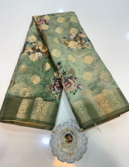 Bamboo Silk Floral Printed Saree with Rich Decorative Pallu, All Over Rich Butti Weaving