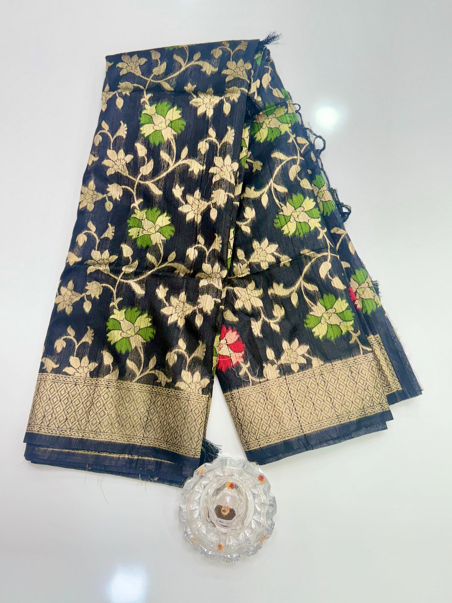 Semi Raw Silk Saree with Temple Border and Blouse – Handwoven Style Festive Wear